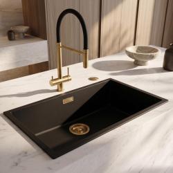 Pure.Sink Eternal Quartz Black Sink, 70x40 cm, Under-mount and Over-mount, with Automatic Gold Plug