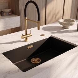 Pure.Sink Eternal Quartz Zwarte Spoelbak 70x40 cm Onderbouw en Opbouw met Automatische Gouden plug