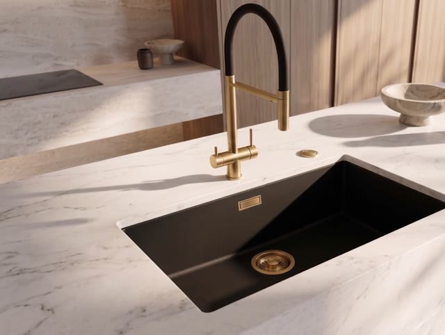 Pure.Sink Eternal Quartz Zwarte Spoelbak 70x40 cm Onderbouw en Opbouw met Automatische Gouden plug