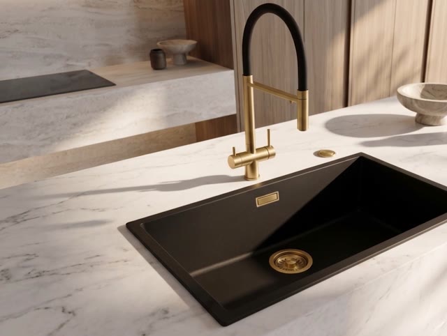 Pure.Sink Eternal Quartz Zwarte Spoelbak 70x40 cm Onderbouw en Opbouw met Automatische Gouden plug