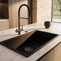 Pure.Sink Eternal Quartz Black Sink, 70x40 cm, Under-Mount and Over-Mount, with Automatic Plug Gun metal 