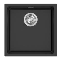 Pure.Sink Eternal Quartz Black Sink, 40x40 cm, Flush-Mount and Under-Mount, with Stainless Steel Plug