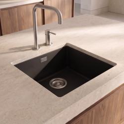 Pure.Sink Eternal Quartz Black Sink, 40x40 cm, Flush-Mount and Under-Mount, with Stainless Steel Plug
