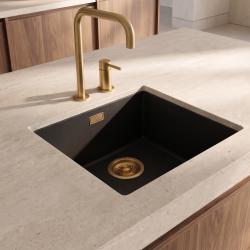 Pure.Sink Eternal Quartz Black Sink, 40x40 cm, Flush-Mount and Under-Mount, with Gold Plug