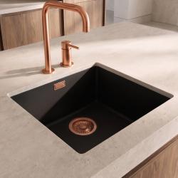 Pure.Sink Eternal Quartz Black Sink, 40x40 cm, Flush-Mount and Under-Mount with Copper Plug