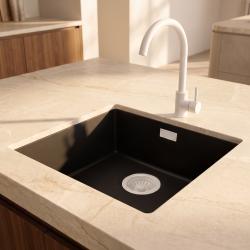 Pure.Sink Eternal Quartz Black Sink, 40x40 cm, Flush-Mount and Under-Counter, with White Plug