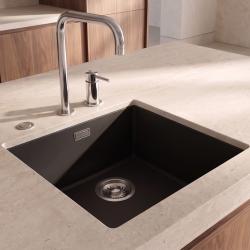 Pure.Sink Eternal Quartz Black Sink, 40x40 cm, Flush-Mount and Under-Mount, with Automatic Stainless Steel Stopper