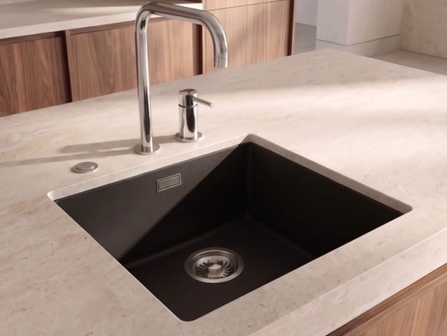 Pure.Sink Eternal Quartz Zwarte Spoelbak 40x40 cm Vlakinbouw en Onderbouw met Automatische RVS plug
