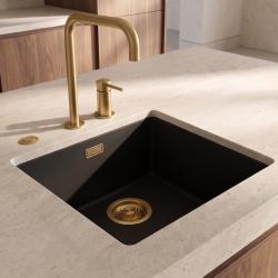 Pure.Sink Eternal Quartz Black Sink, 40x40 cm, Flush-Mount and Under-Counter, with Automatic Gold Plug