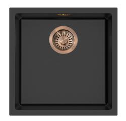 Pure.Sink Eternal Quartz Black Sink, 40x40 cm, Flush-Mount and Under-Mount, with Automatic Copper Plug