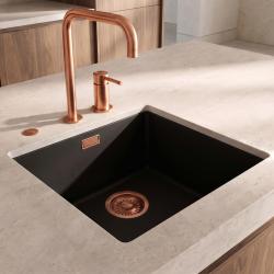 Pure.Sink Eternal Quartz Black Sink, 40x40 cm, Flush-Mount and Under-Mount, with Automatic Copper Plug
