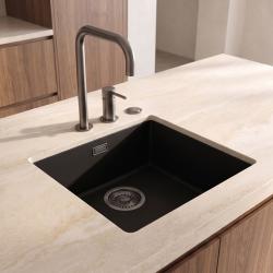 Pure.Sink Eternal Quartz Black Sink, 40x40 cm, Flush-Mount and Under-Counter, with Automatic " " Plug Gun metal 