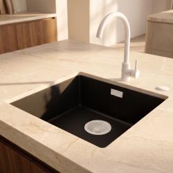 Pure.Sink Eternal Quartz Black Sink, 40x40 cm, Flush-Mount and Under-Counter, with Automatic White Stopper