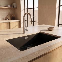 Pure.Sink Eternal Quartz Black Sink, 70x40 cm, Flush-Mount and Under-Counter, with Stainless Steel Plug