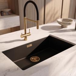 Pure.Sink Eternal Quartz Black Sink, 70x40 cm, Flush-Mount and Under-Mount, with Gold Plug