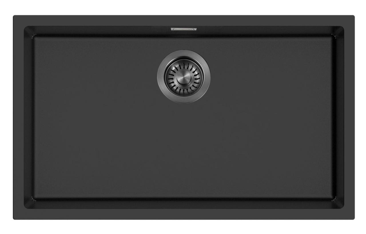 Pure.Sink Eternal Quartz Black Sink 70x40 cm, Flush-Mount and Under-Counter, with " " Plug Gun metal
