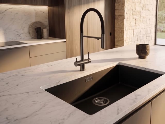 Pure.Sink Eternal Quartz Zwarte Spoelbak 70x40 cm Vlakinbouw en Onderbouw met Gun metal plug