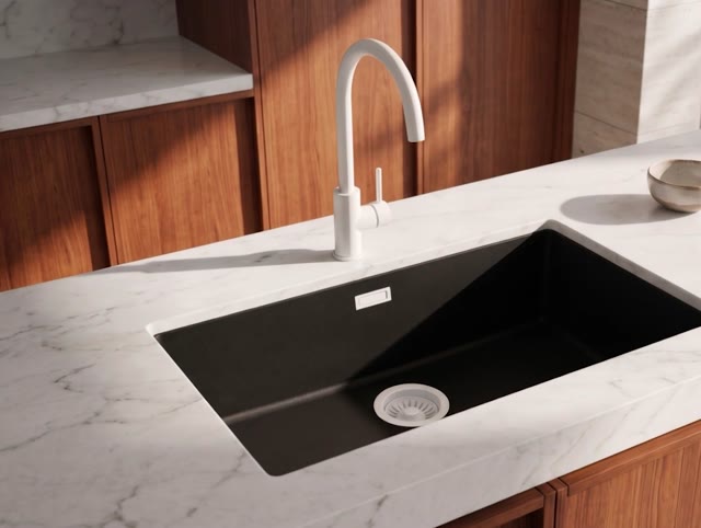 Pure.Sink Eternal Quartz Zwarte Spoelbak 70x40 cm Vlakinbouw en Onderbouw met Witte plug