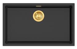 Pure.Sink Eternal Quartz Black Sink, 70x40 cm, Flush-Mount and Under-Counter, with Automatic Gold Plug