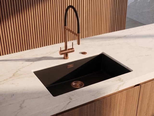 Pure.Sink Eternal Quartz Zwarte Spoelbak 70x40 cm Vlakinbouw en Onderbouw met Automatische Koperen plug